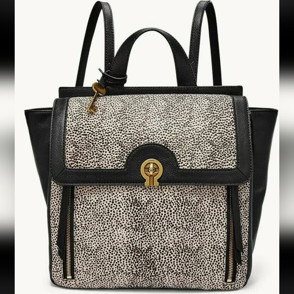 Fossil Amelia White Cheetah Black Leather Backpack Shoulder Bag ZB7856504 $298